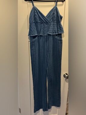 Anthropologie Denim-Textured Blue Stripe Jumpsuit with Peplum Waist